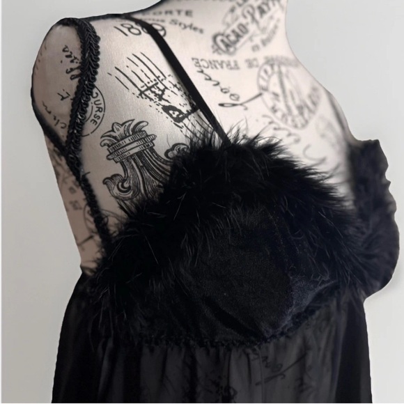 Vintage Y2K Black Whimsigoth Whimsey Goth Faux Fur Lingerie Slip Top Large - Picture 2 of 8
